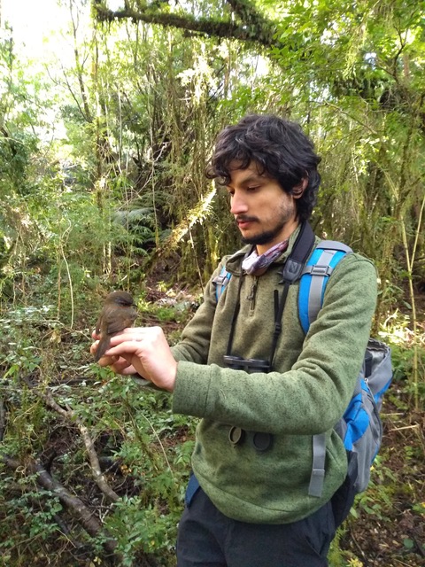 a young man standing in a rainforest holding a small brown bird