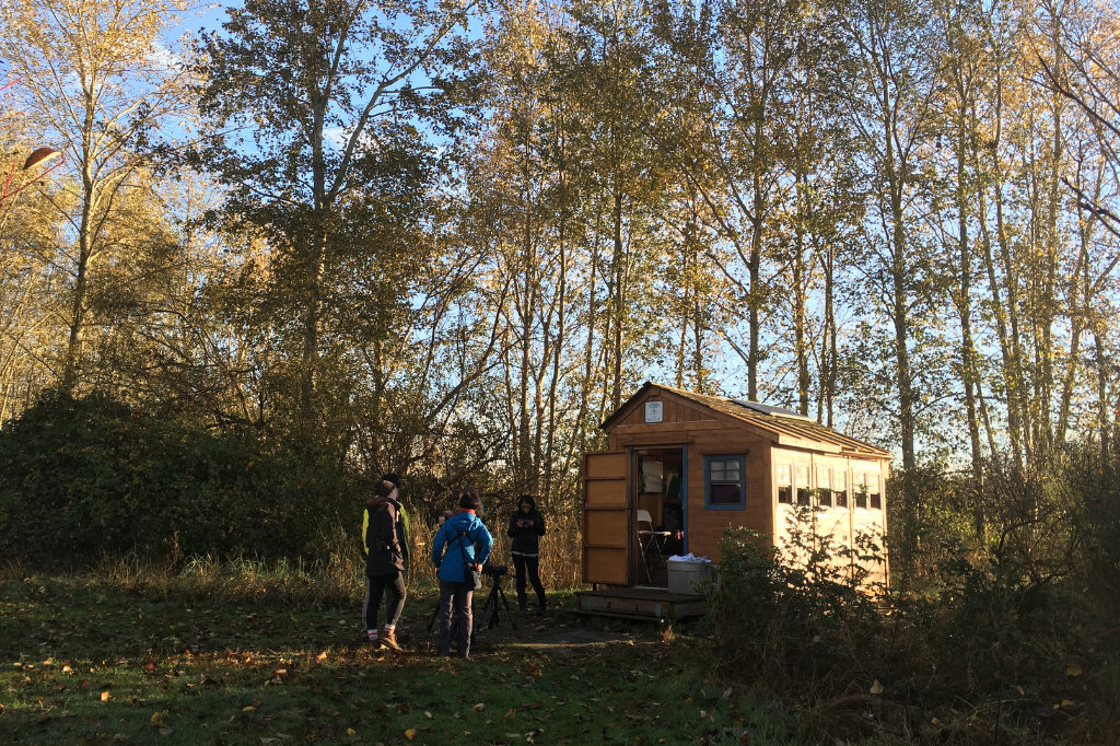 The banding hut at Iona Island Bird Observatory with volunteers assembling outside to prepare for a net run (i.e., extract birds from the 14 nets on site). The wood lot is a successional deciduous forest patch that supports an abundance of insectivores during migration. Photo credit: Kiirsti Owen.