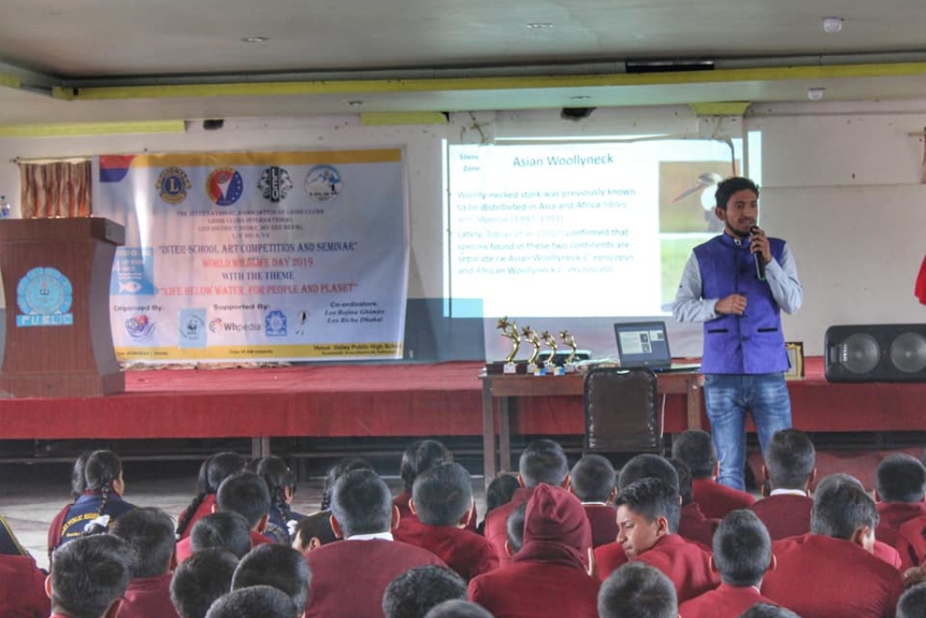 Prashant Ghimire engaging with students in Kathmandu, Nepal, to inspire a new generation in bird conservation.