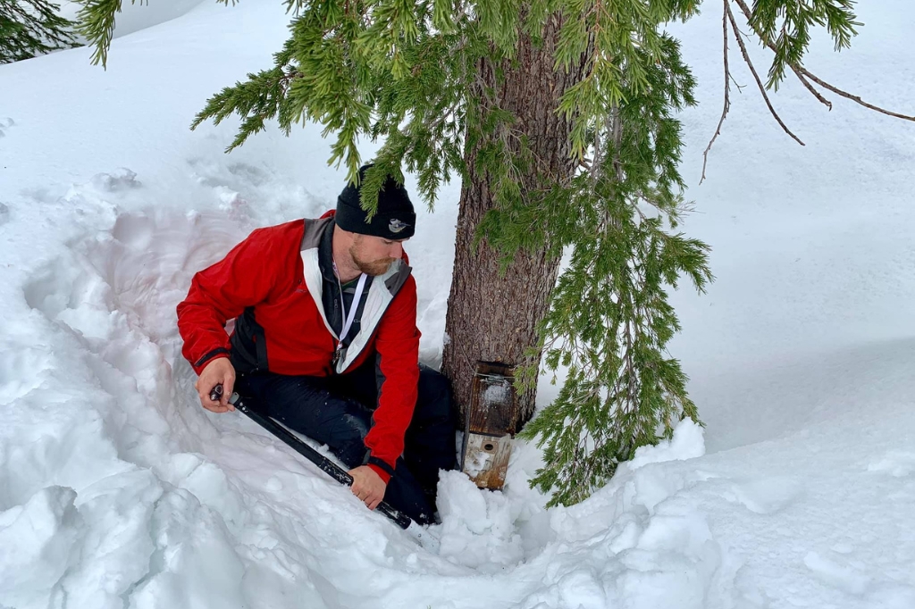 Benjamin Sonnenberg, former PhD student in the Pravosudov Lab, digs a nest box out of the snow prior to the breeding season in 2019. Photo by Vladimir Pravosudov.