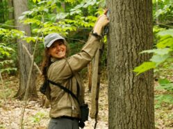 Millicent Gaston (project-lead) deploying an acoustic recorder in Gatineau Park, Québec, Canada. Photo by Zoë Stone.